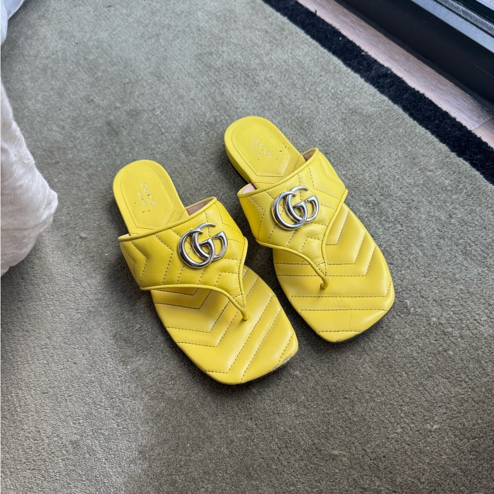Gucci Marmont Yellow Quilted Leather Thong Sandal with Interlocking G